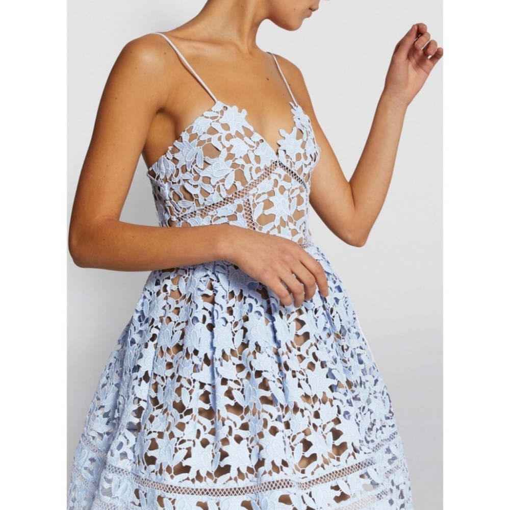 NWT Self-Portrait Blue Mini Azaelea Dress Lace Sweetheart Spaghetti Blue Size 2